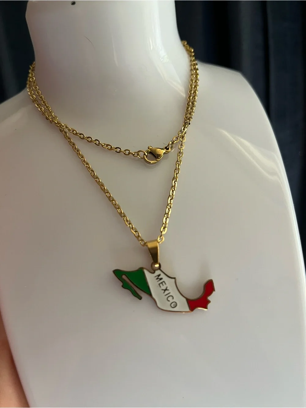 Stainless Steel Gold Mexico Map Pendant Necklace with Green, White, Red Enamel